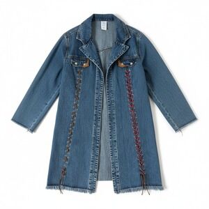 Ethyl Womens 1X Blue Denim Lace Up Longline Duster Jacket Raw Hem Medium Wash